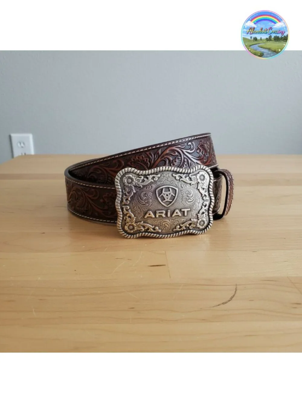 Men's Floral Embossed Leather Belt Antiqued Silver Cowboy Buckle